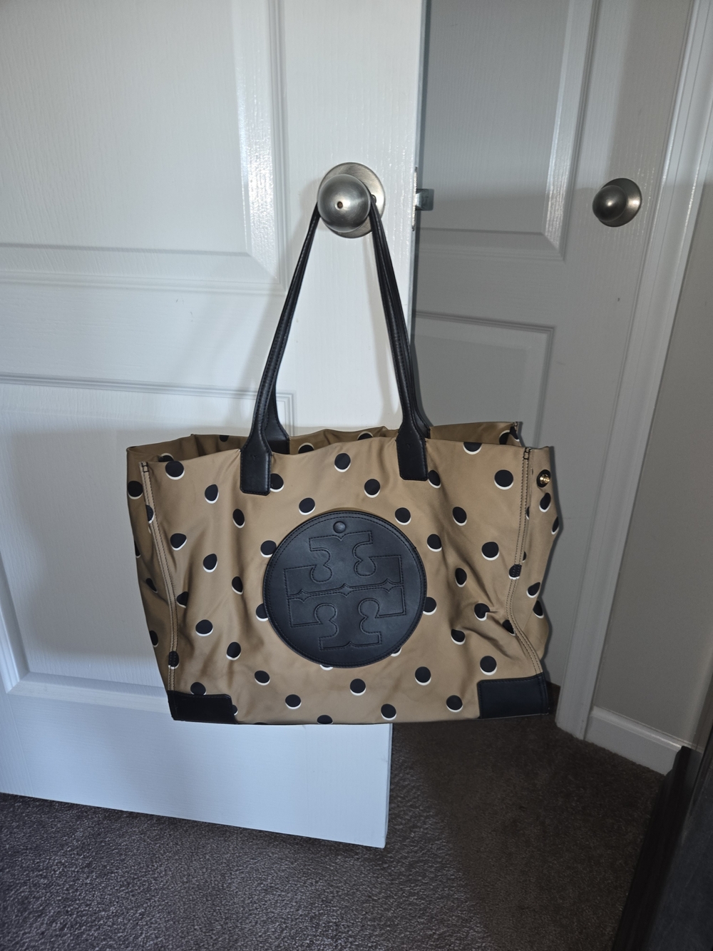 Tory Burch Tan Polka Dot Tote with Black Trim and Logo